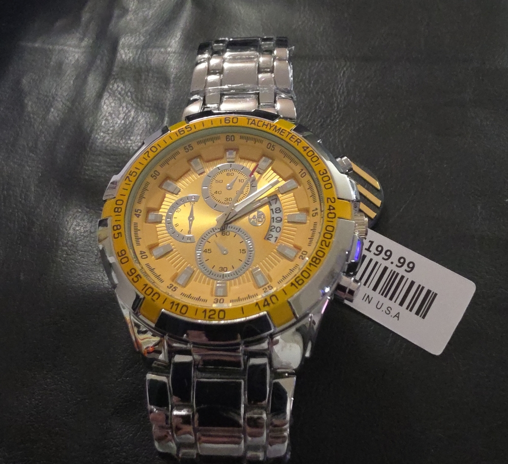 Men's Stainless Steel Watch with Yellow Dial
